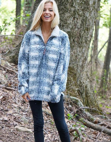 Big Plaid Frosty Tipped Women s Stadium Pullover in Blue by True Grit Dylan