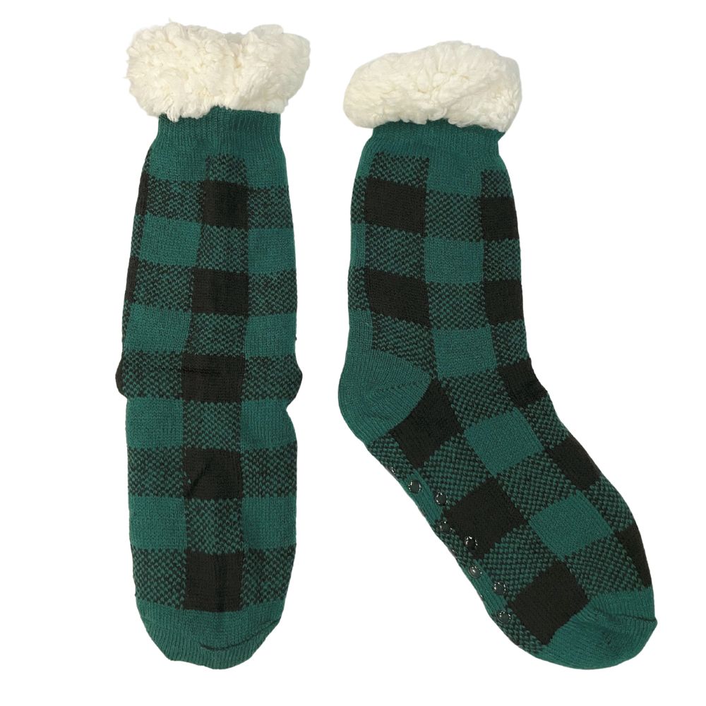 Wrapping Paper Plaid Sherpa Lined Socks in Green - The Sherpa Pullover Company
