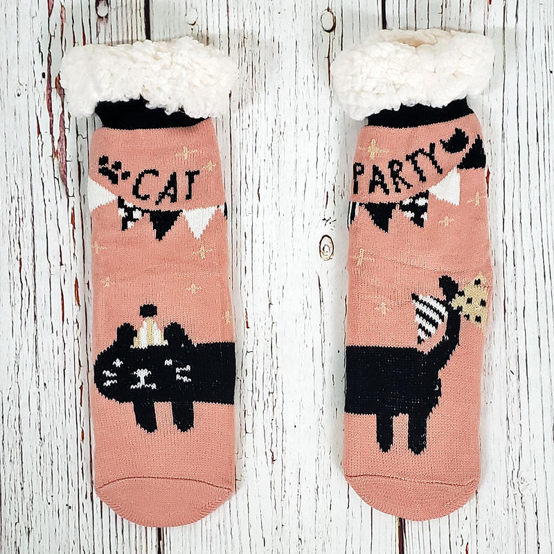 Cuddly Cat Party Sherpa Lined Socks - Nordic Fleece - The Sherpa Pullover Outlet